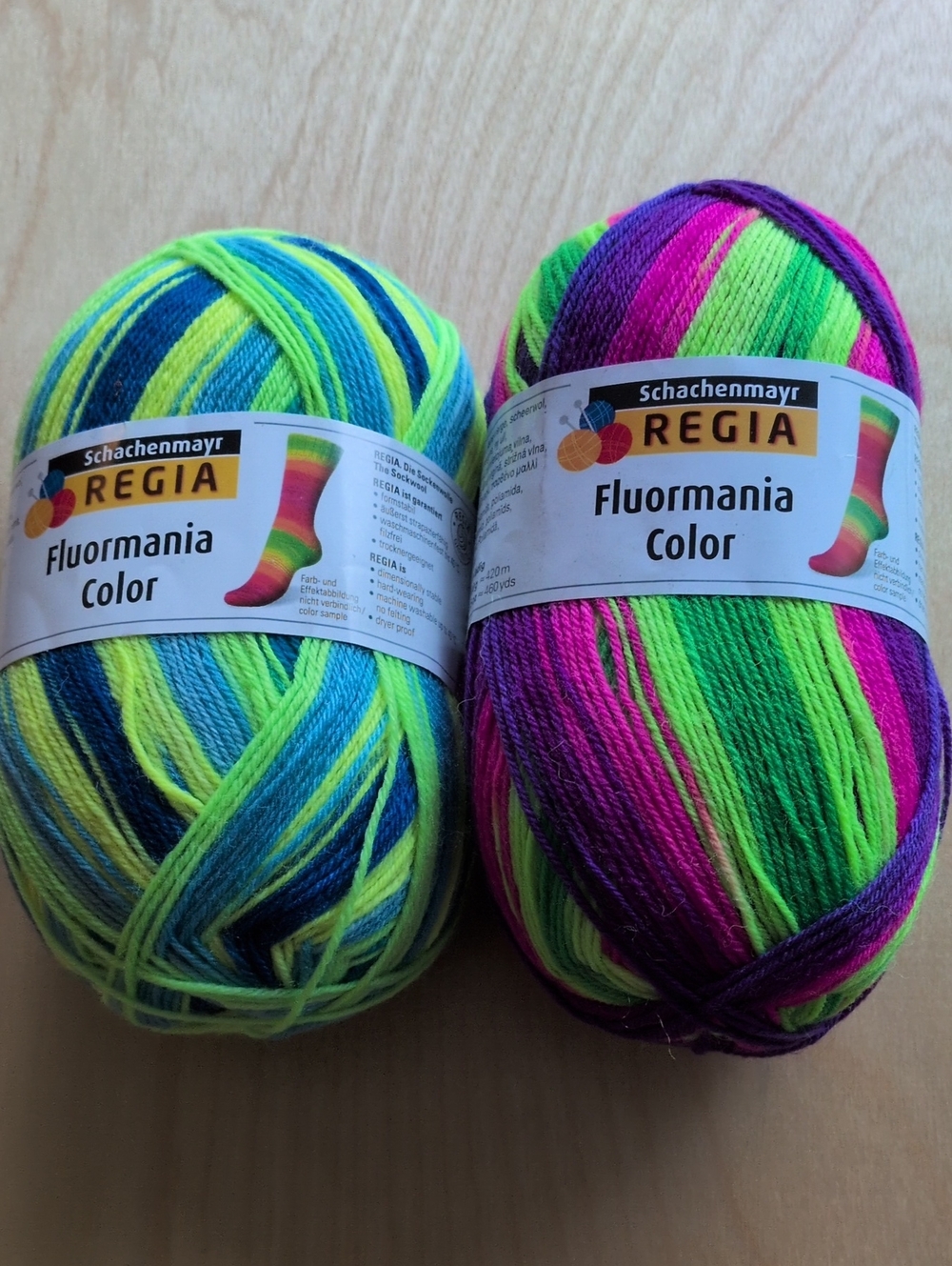 Lot Of 2 Skeins Regia Fluormania Sock Yarn -460 Yards Each! Neon Green/Pink/Blue